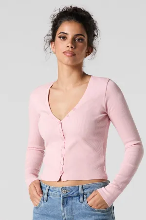 Ribbed V-Neck Button-Up Long Sleeve Top