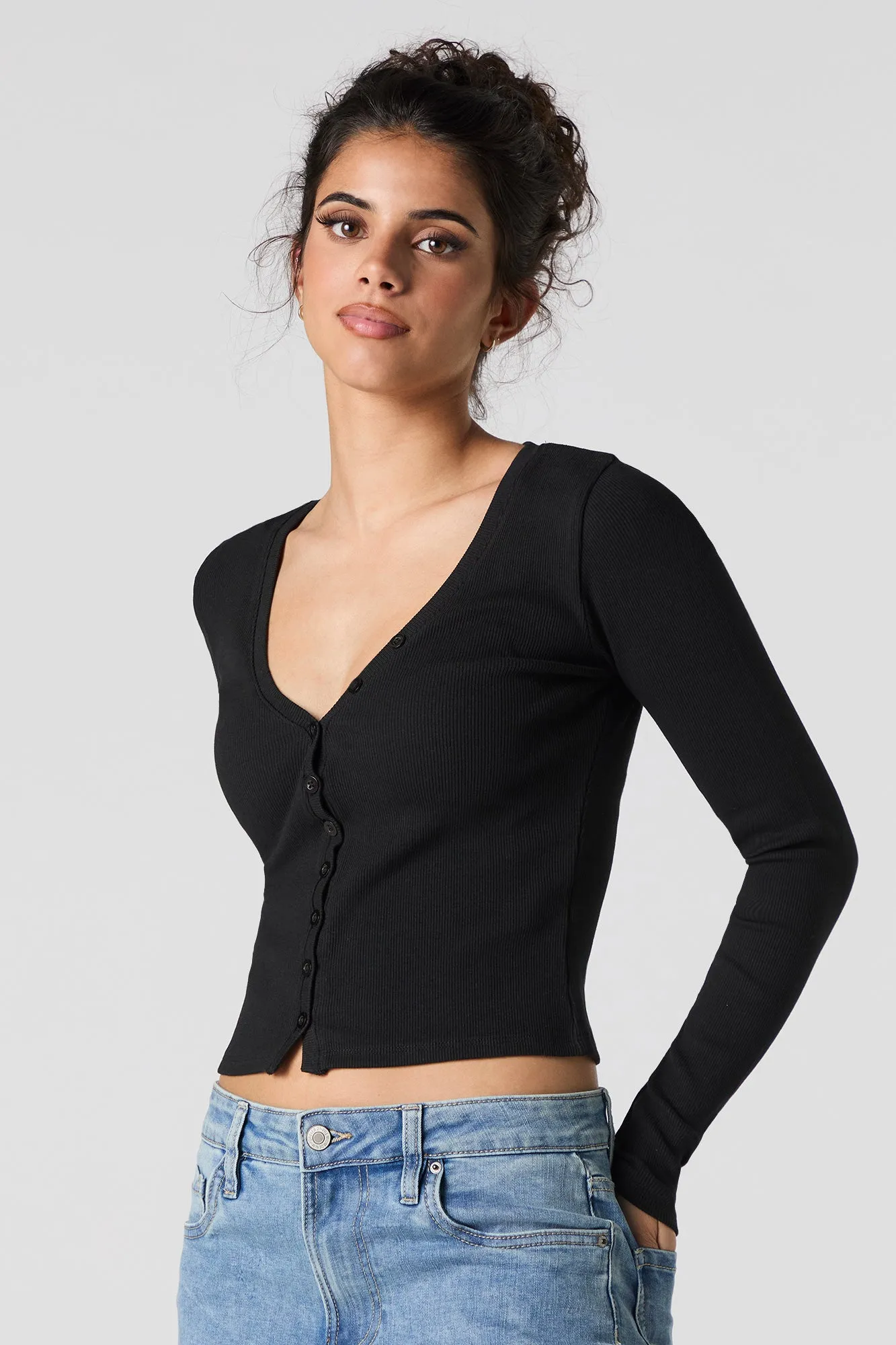 Ribbed V-Neck Button-Up Long Sleeve Top