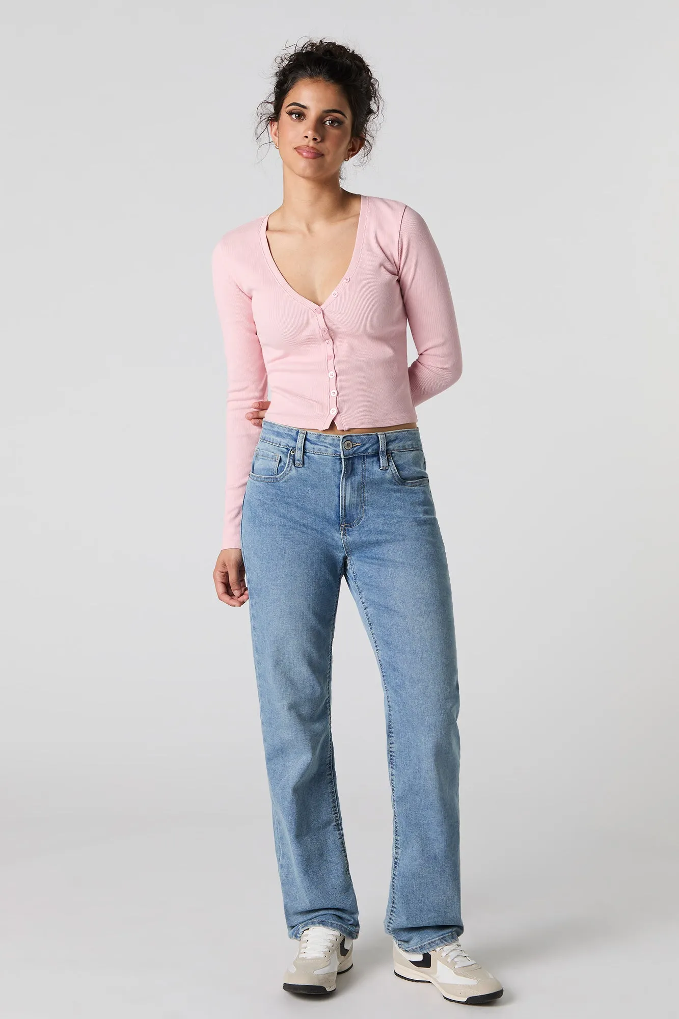 Ribbed V-Neck Button-Up Long Sleeve Top