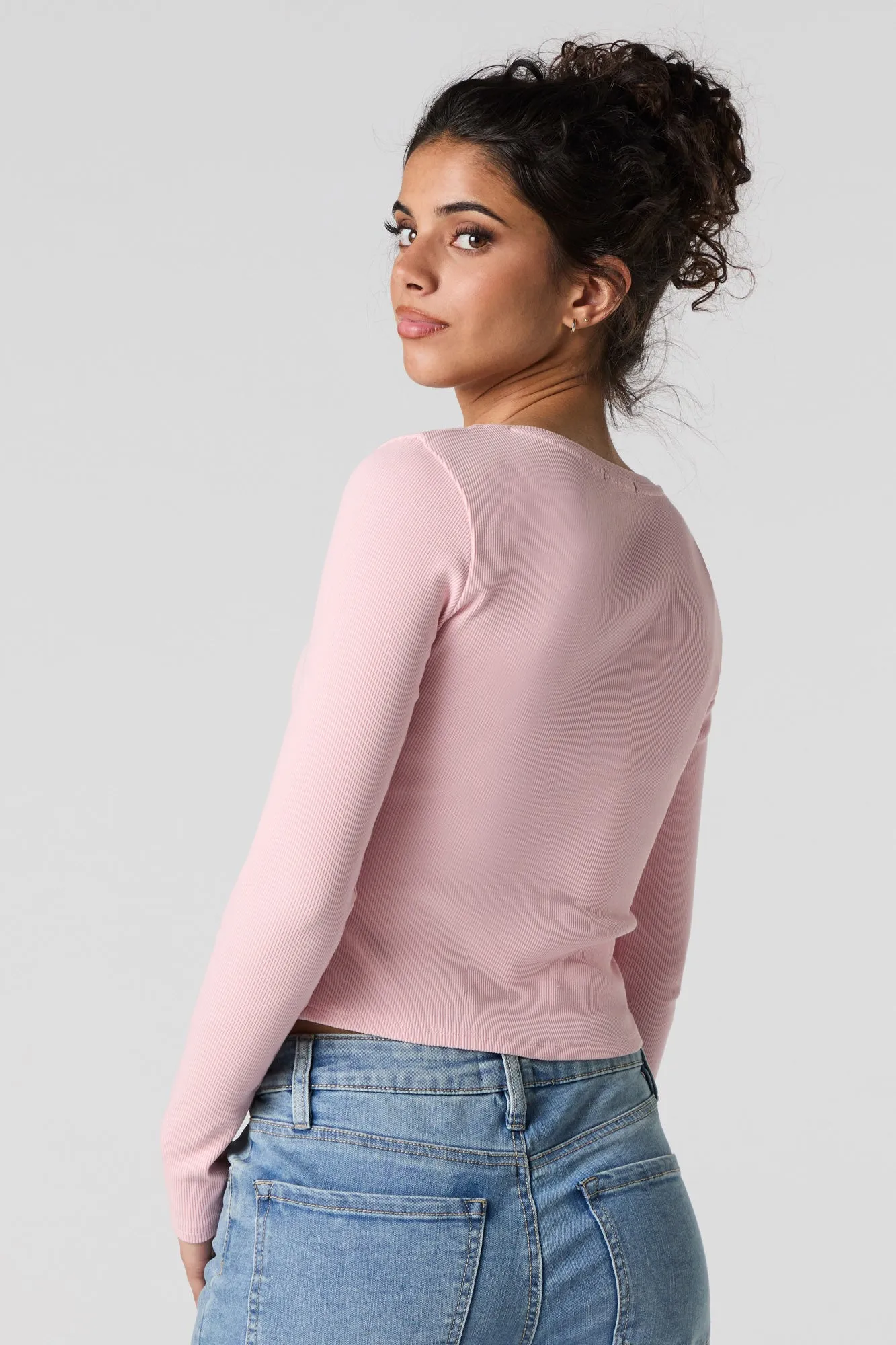 Ribbed V-Neck Button-Up Long Sleeve Top