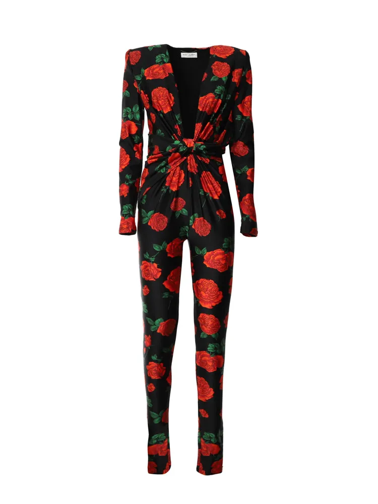 Saint Laurent Floral Printed V-Neck Jumpsuit