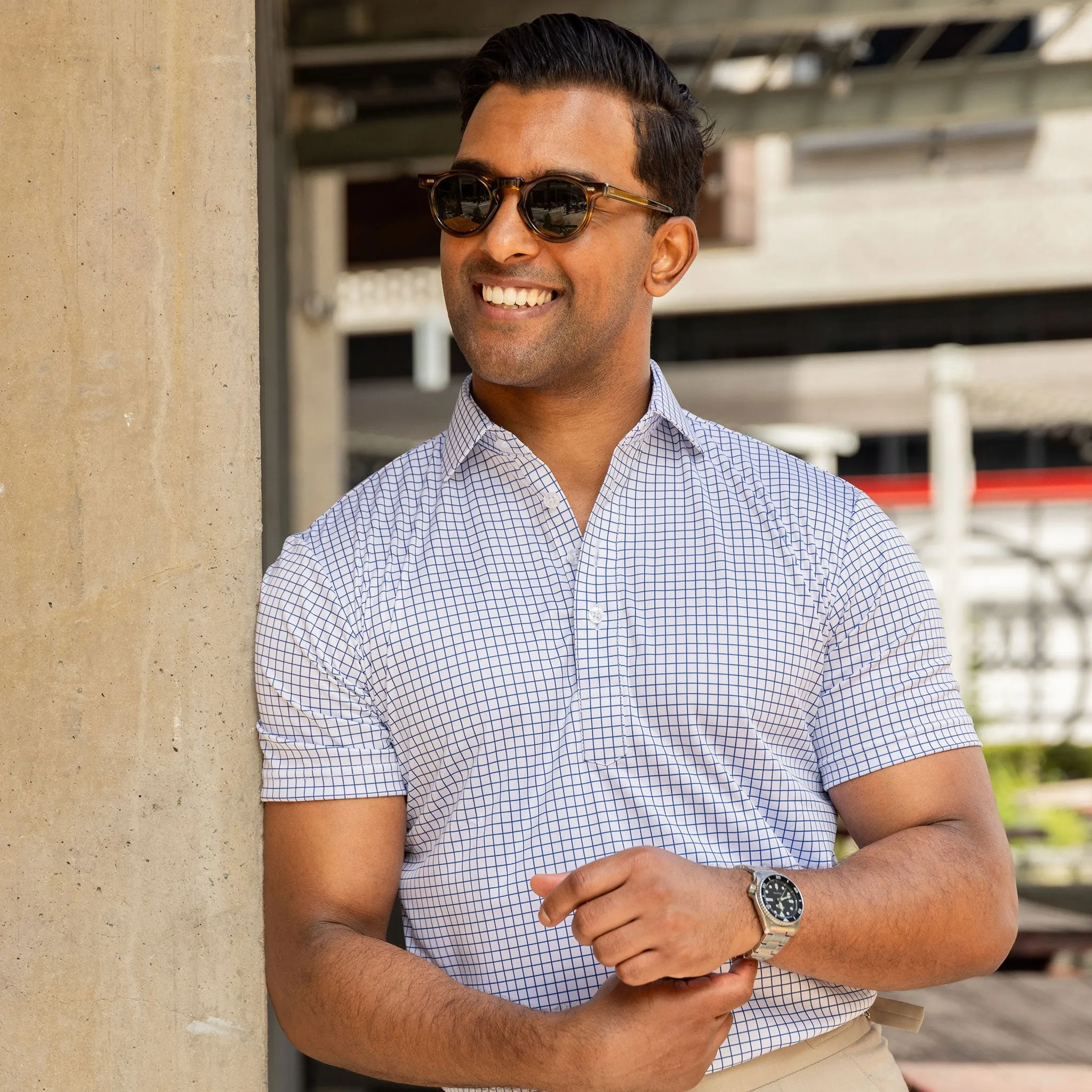 Semi-Spread Collar Thin Check Polo Navy