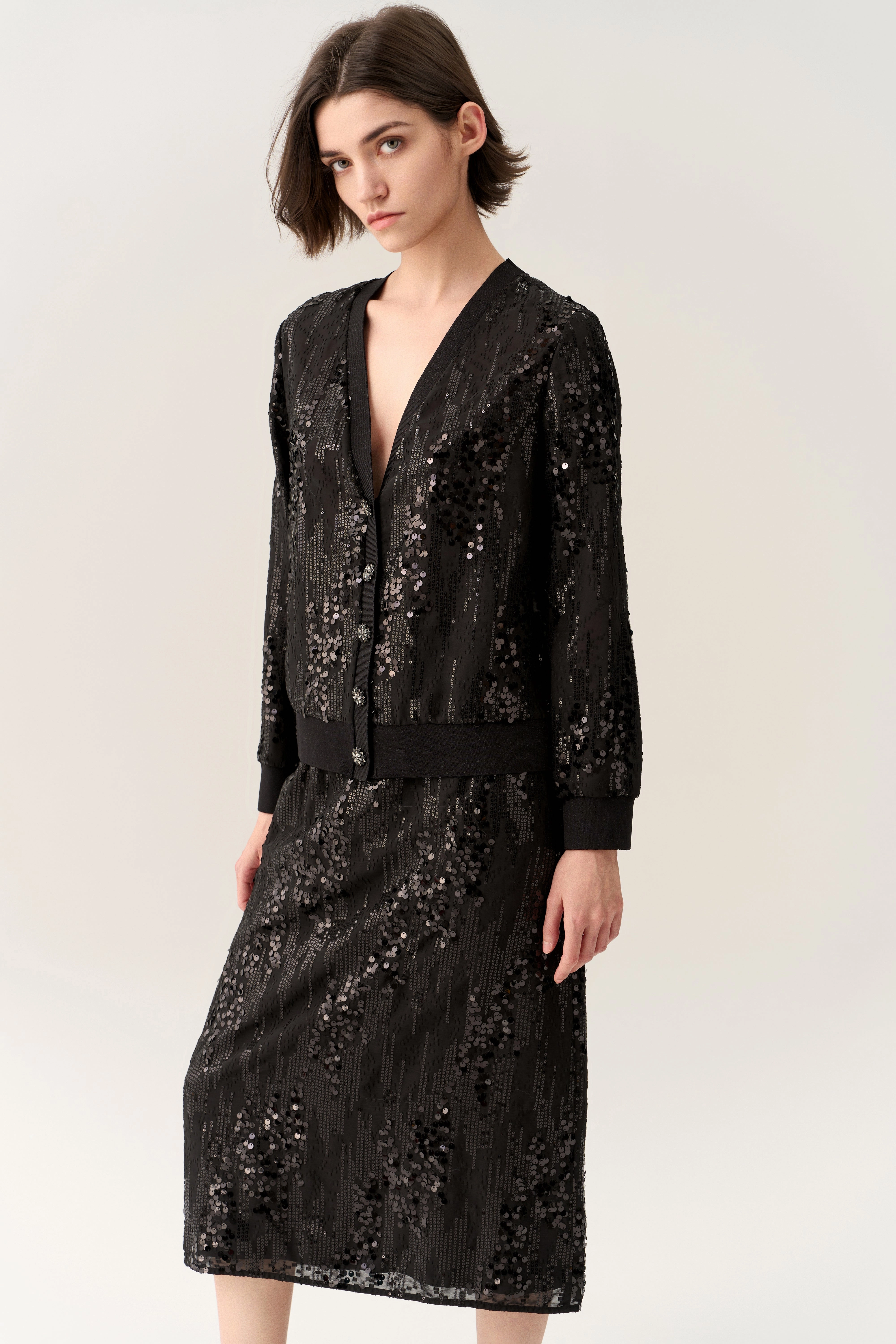 Sequined Ribbed-trim Cardigan