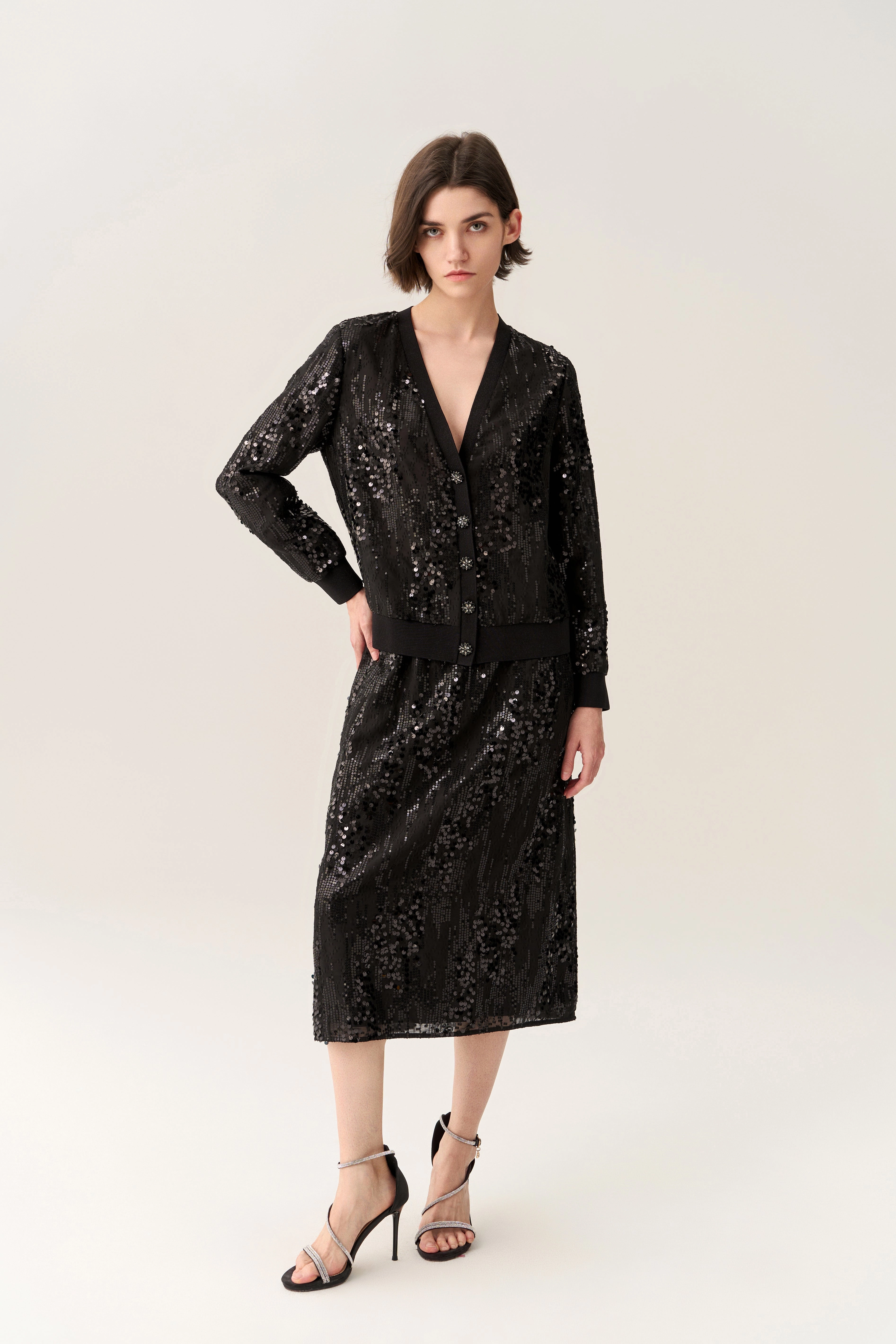 Sequined Ribbed-trim Cardigan