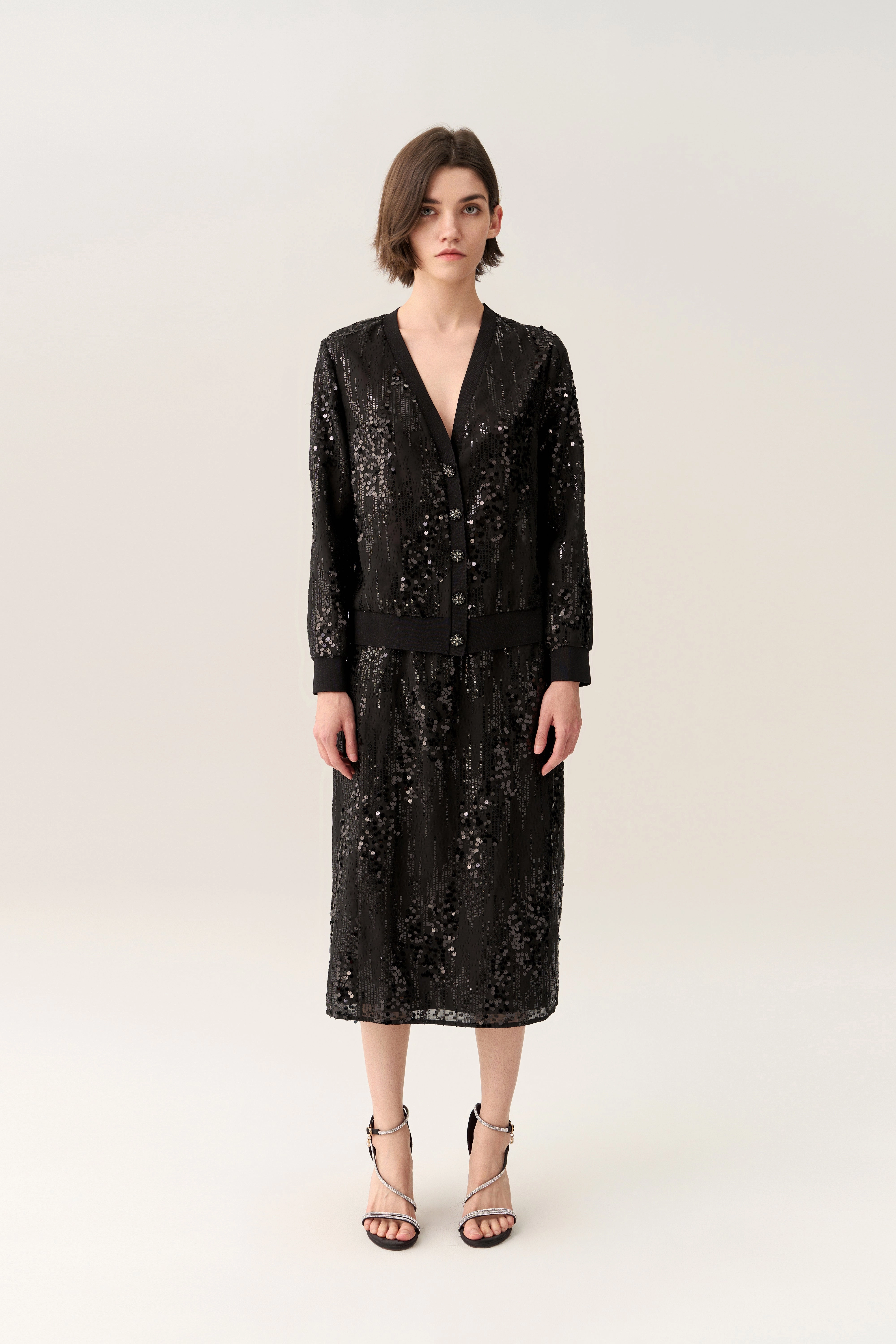 Sequined Ribbed-trim Cardigan