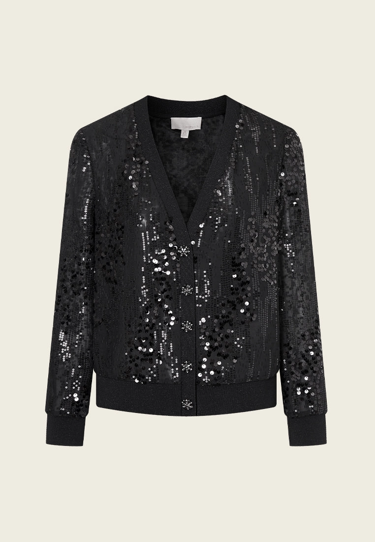 Sequined Ribbed-trim Cardigan
