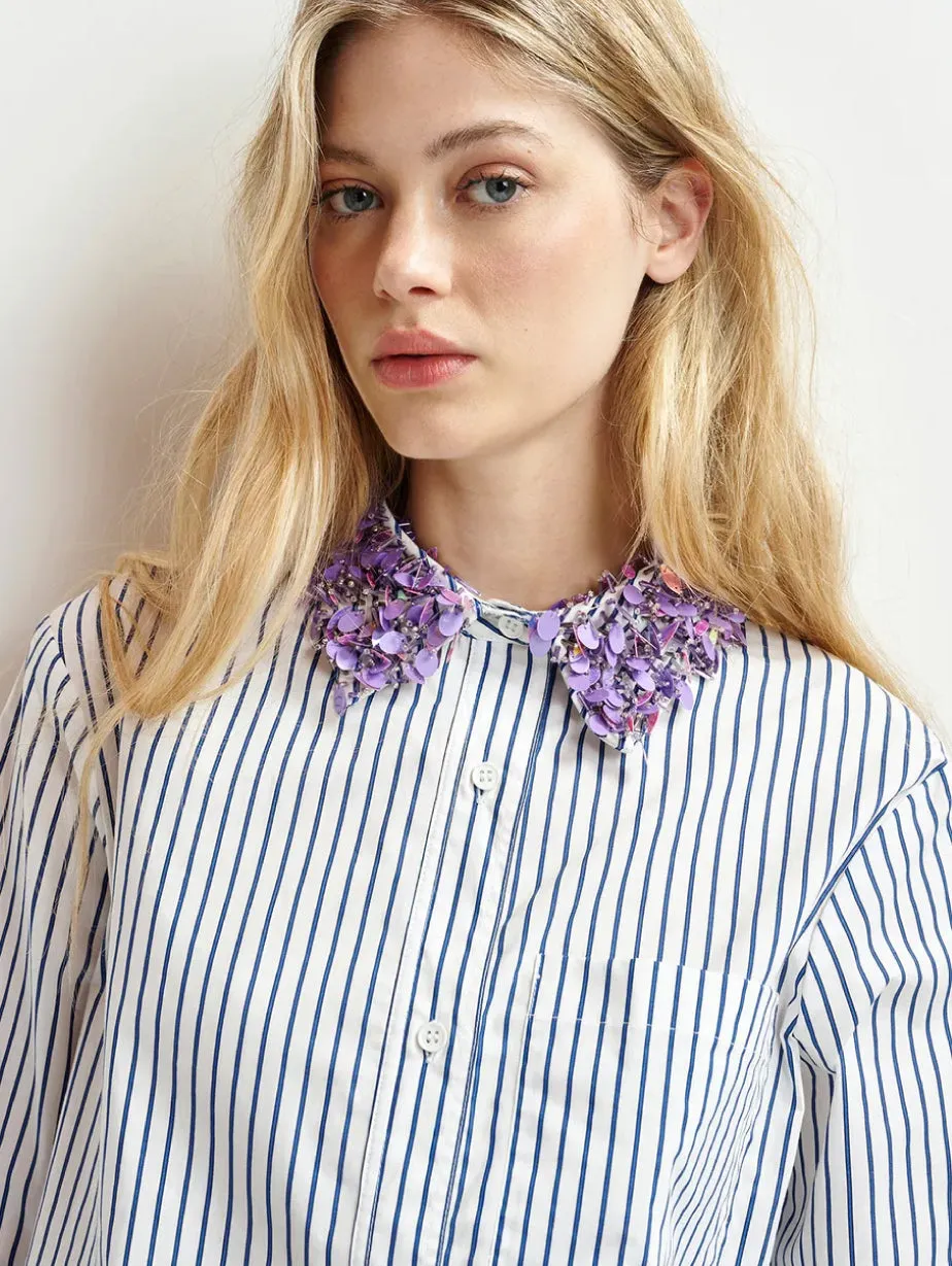 Striped Shirt with White/Blue Embroidered Collar