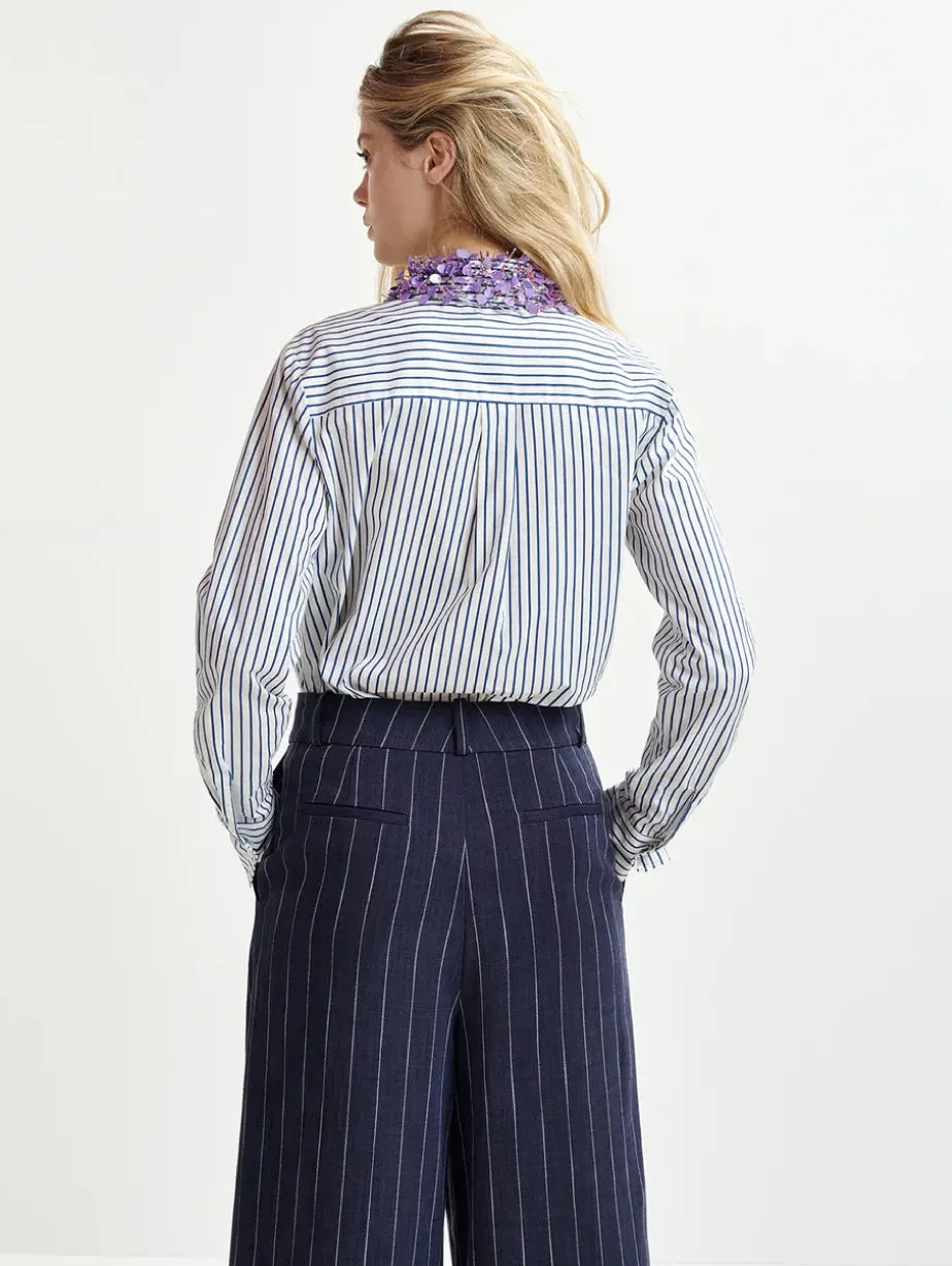Striped Shirt with White/Blue Embroidered Collar