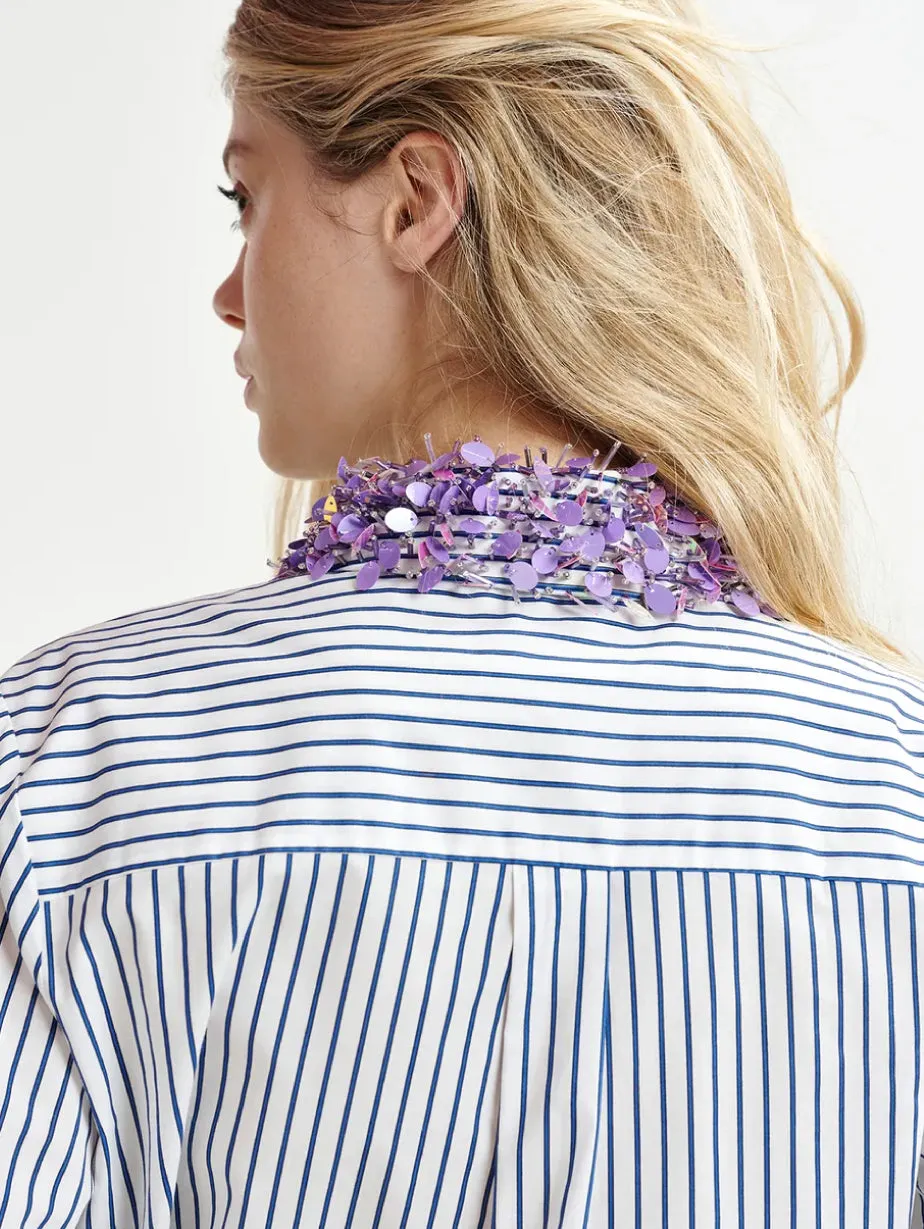 Striped Shirt with White/Blue Embroidered Collar