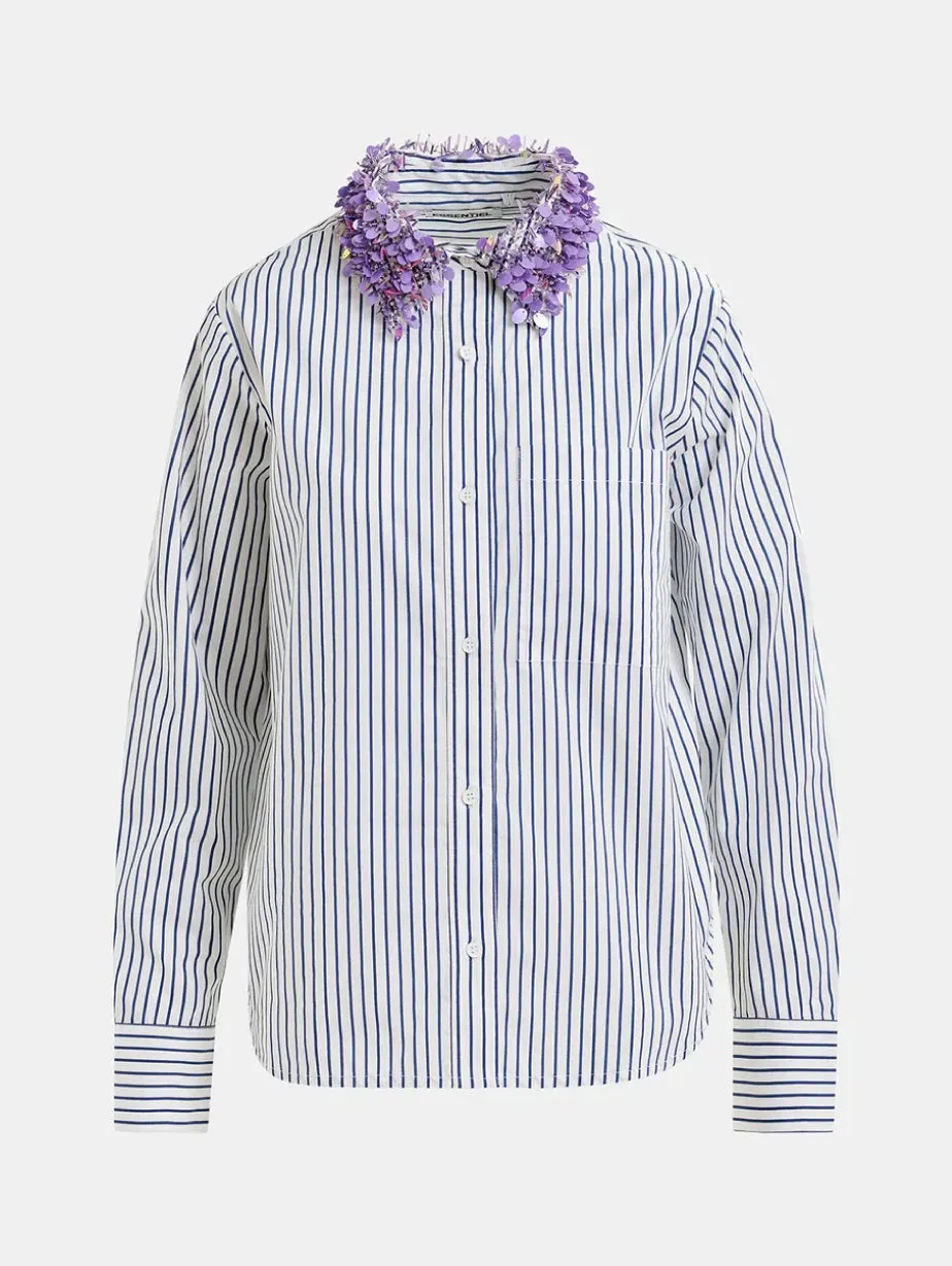 Striped Shirt with White/Blue Embroidered Collar