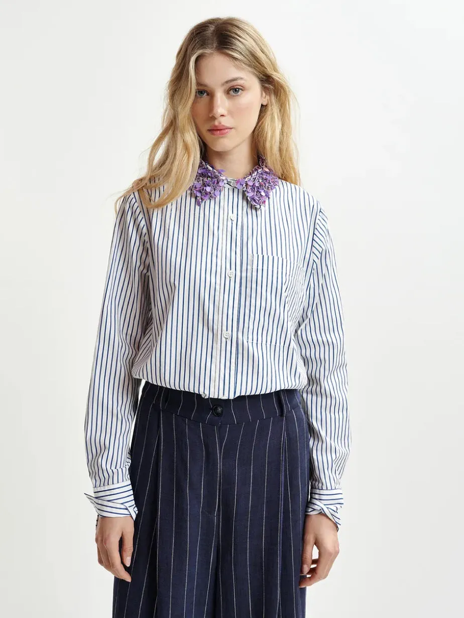 Striped Shirt with White/Blue Embroidered Collar