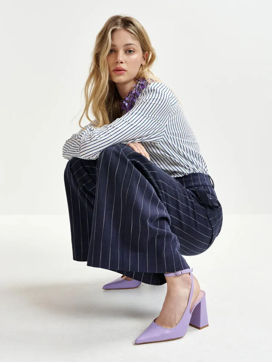 Striped Shirt with White/Blue Embroidered Collar