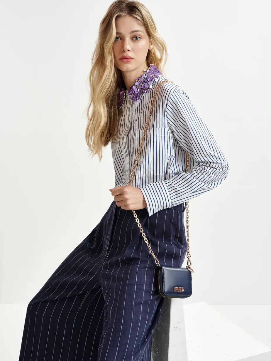 Striped Shirt with White/Blue Embroidered Collar