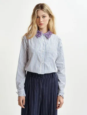 Striped Shirt with White/Blue Embroidered Collar