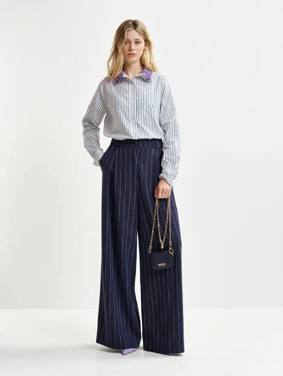 Striped Shirt with White/Blue Embroidered Collar