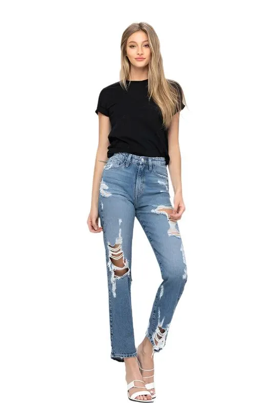 Super High Rise Tattered Ankle Straight Jeans by Flying Monkey