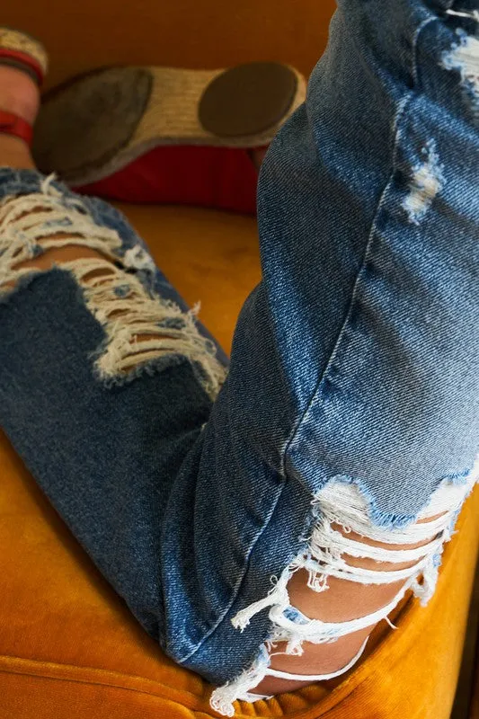 Super High Rise Tattered Ankle Straight Jeans by Flying Monkey