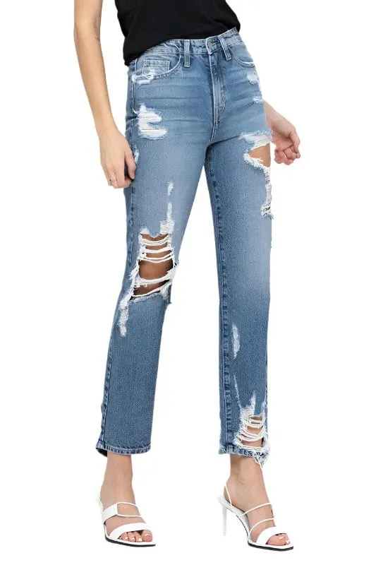 Super High Rise Tattered Ankle Straight Jeans by Flying Monkey