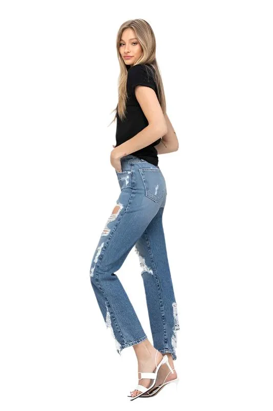 Super High Rise Tattered Ankle Straight Jeans by Flying Monkey