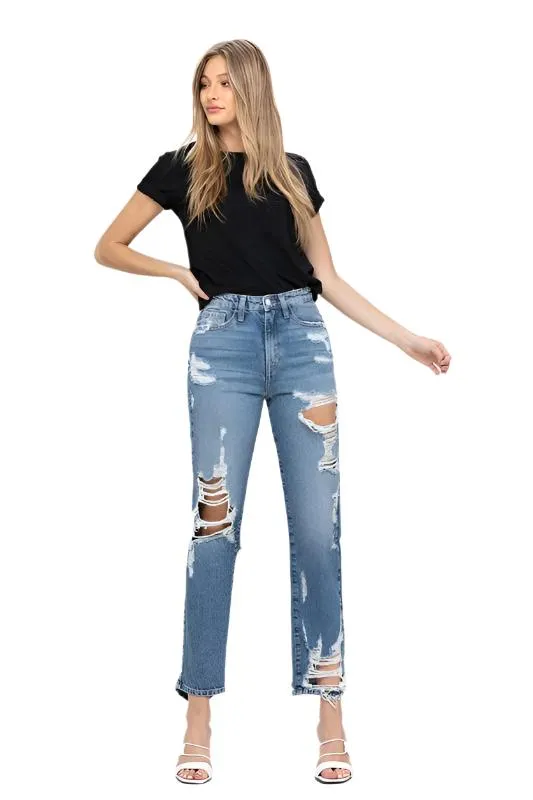 Super High Rise Tattered Ankle Straight Jeans by Flying Monkey