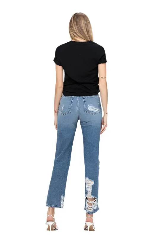 Super High Rise Tattered Ankle Straight Jeans by Flying Monkey