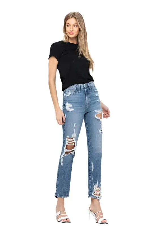 Super High Rise Tattered Ankle Straight Jeans by Flying Monkey