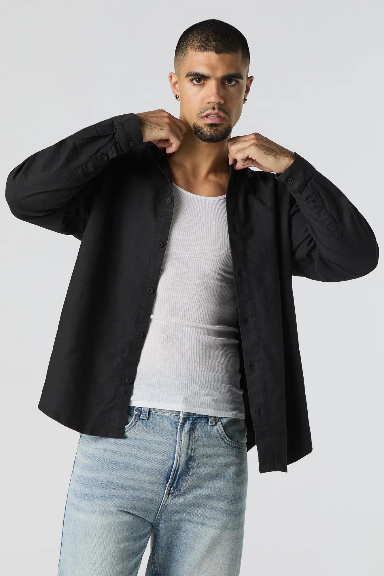 Textured Button-Up Long Sleeve Top