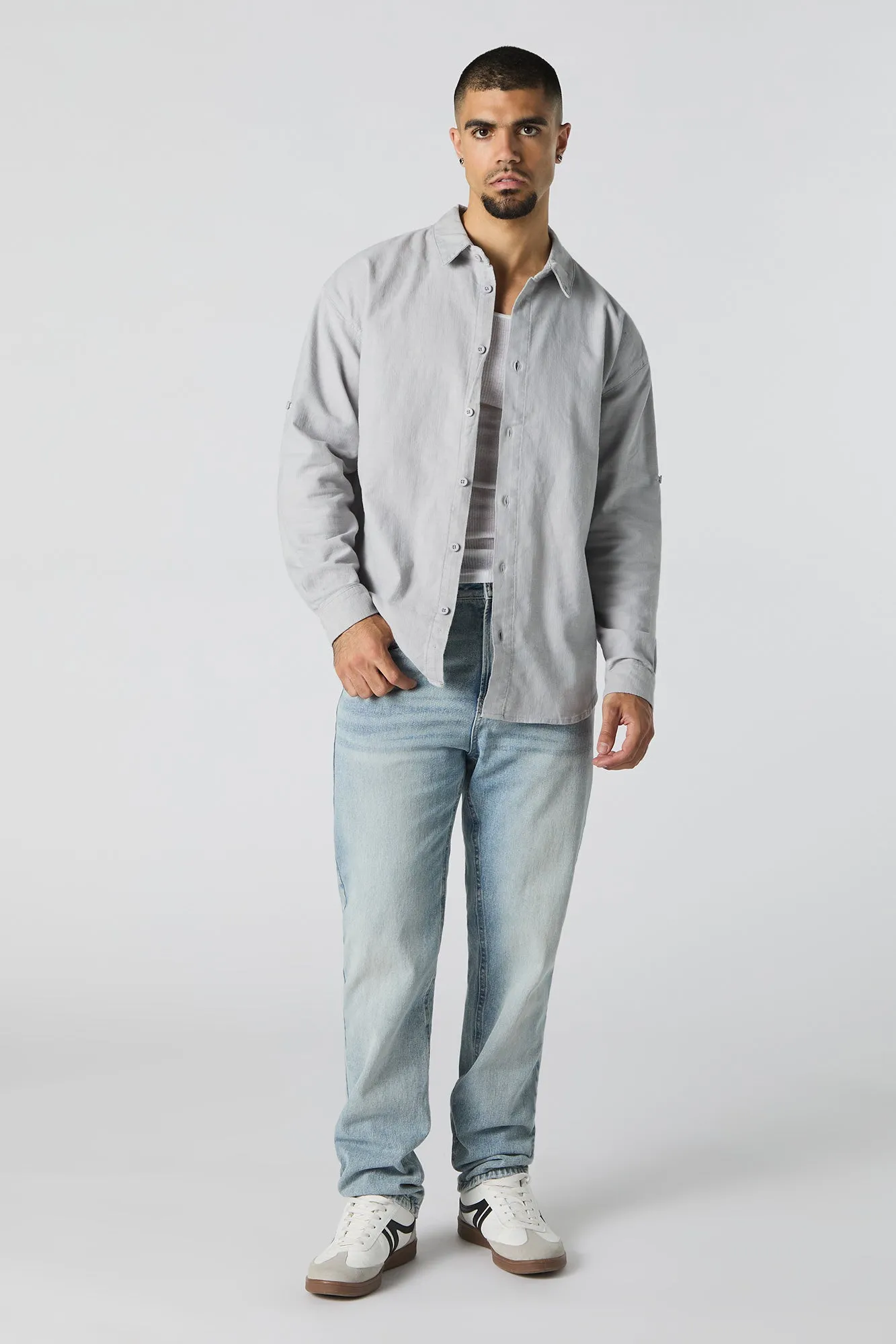 Textured Button-Up Long Sleeve Top