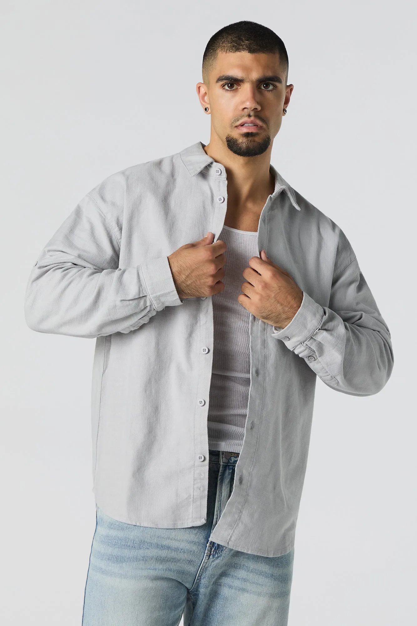 Textured Button-Up Long Sleeve Top