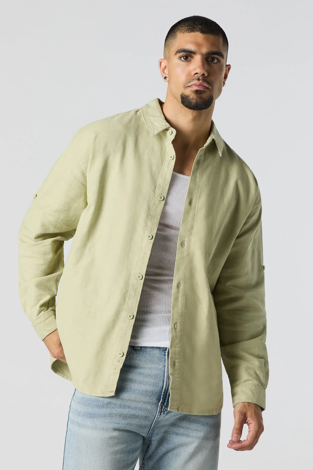 Textured Button-Up Long Sleeve Top
