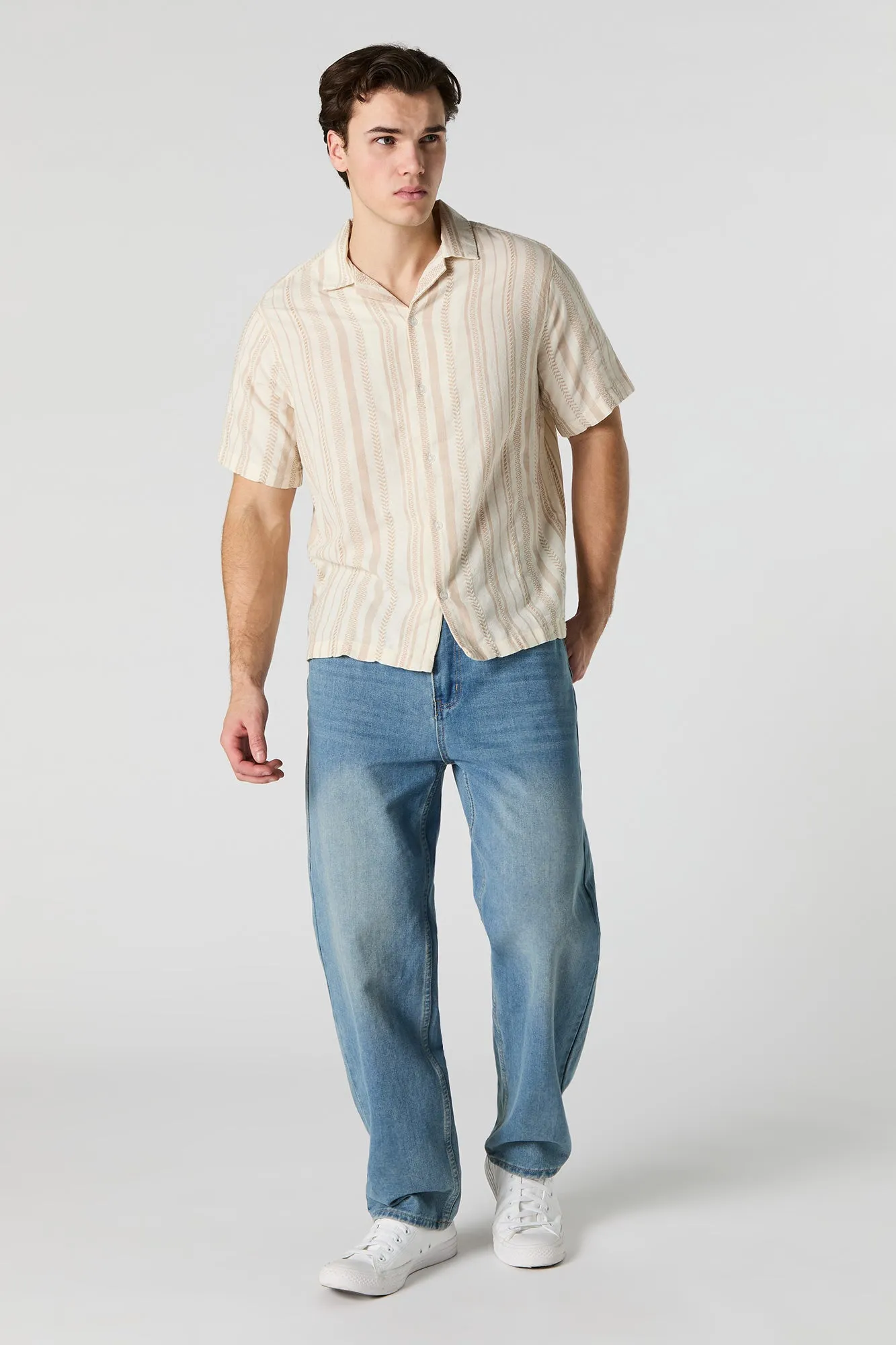 Textured Linen-Blend Button-Up Top