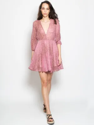 V-Neck Dress with Cocoa/Pink Graphic Print