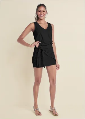 V-Neck Side Wrap Mini Dress - Black