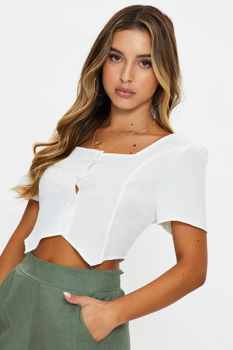 White Button Front Vest Hem Top