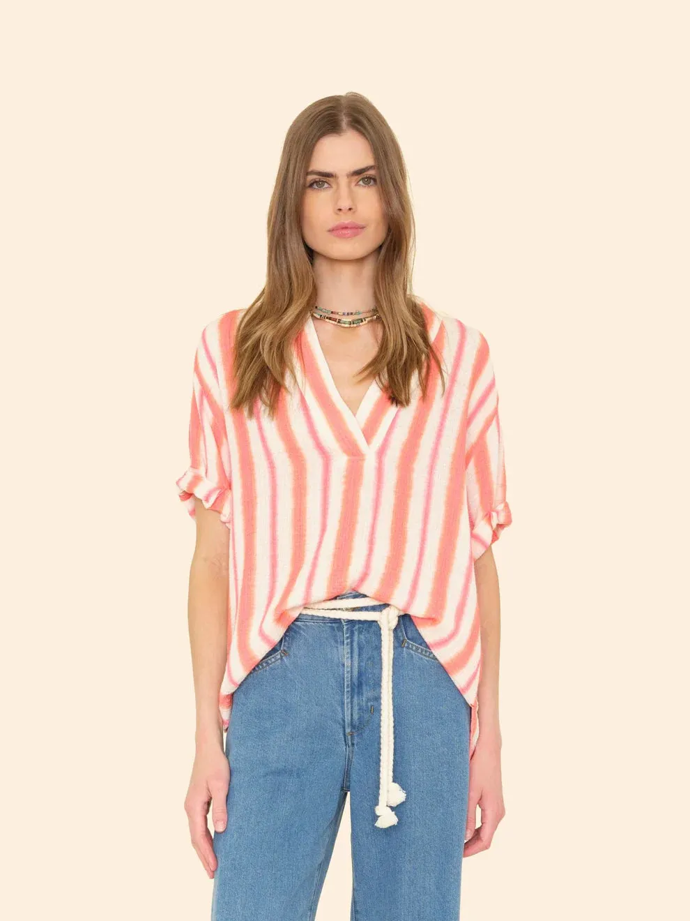 Xixdgp001 Sunset Pink Gauze Top