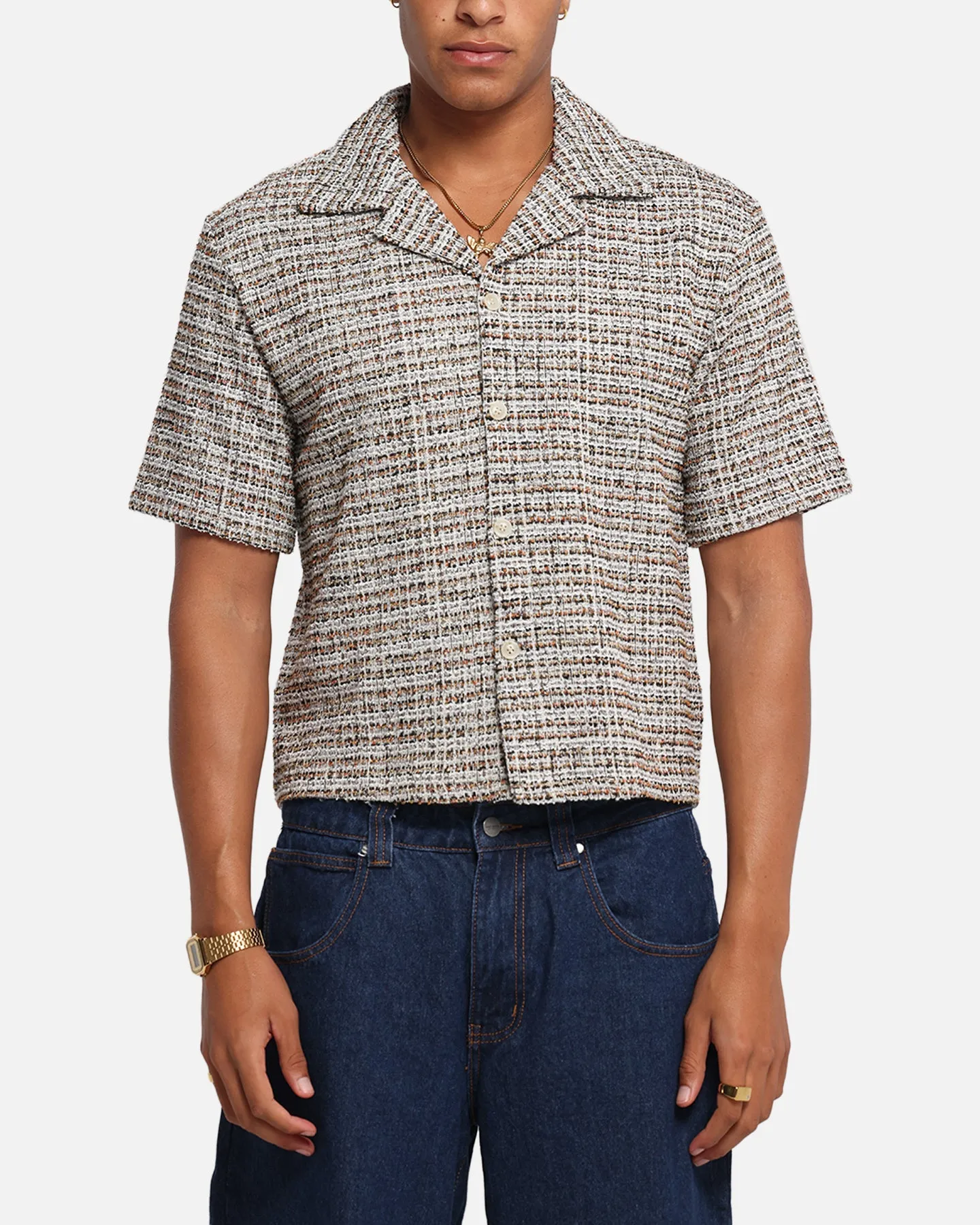 XXIII Boucle Tweed Crop Button Up Shirt Cream/Brown