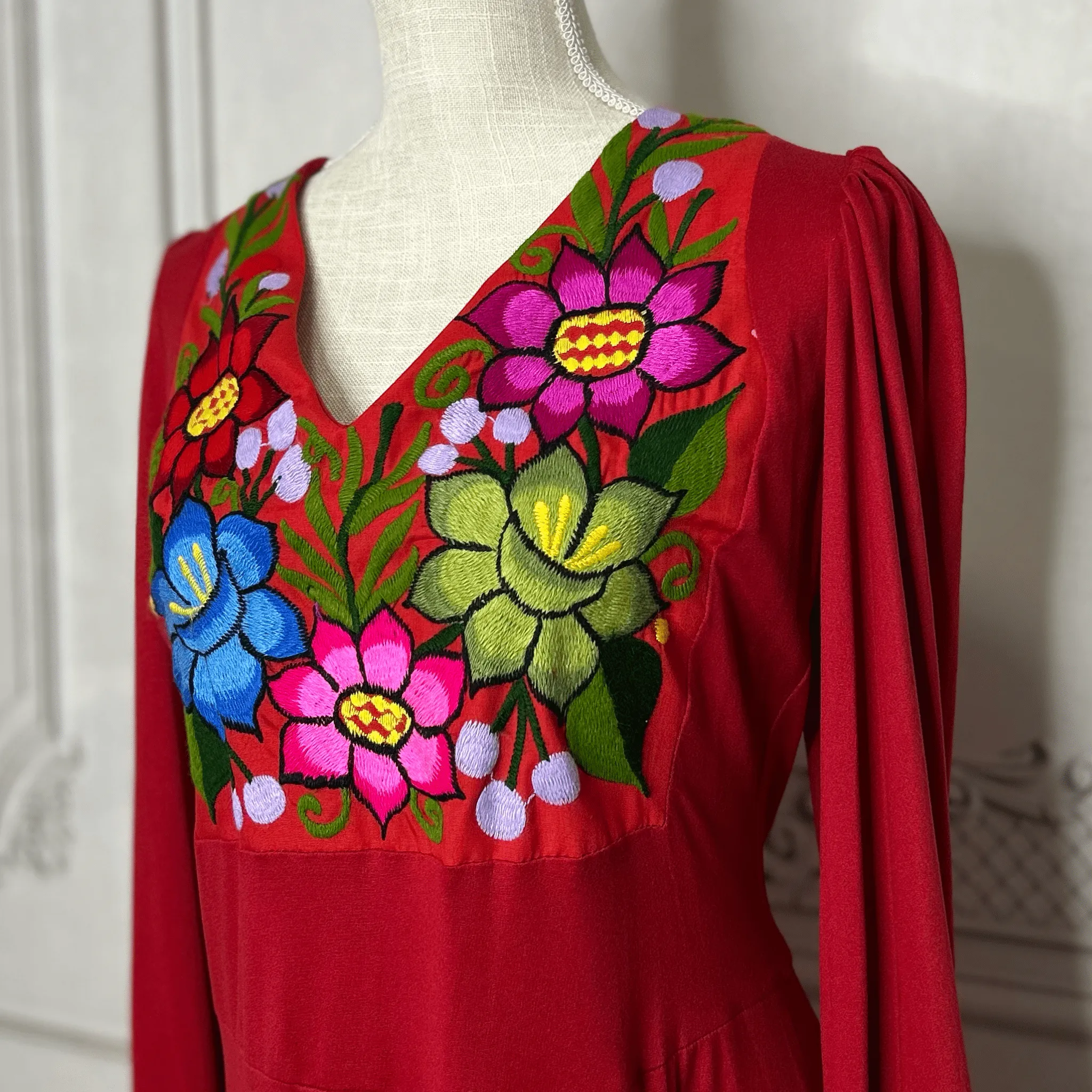 Zinia Mexican V-Neck Maxi Dress - Long Sleeve